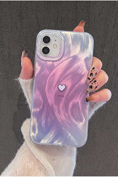 KVK PRİVACY iPhone 12 / 12 Pro Uyumlu Pembe Tüylü Dalga Desenli Küçük Kalp Ta...