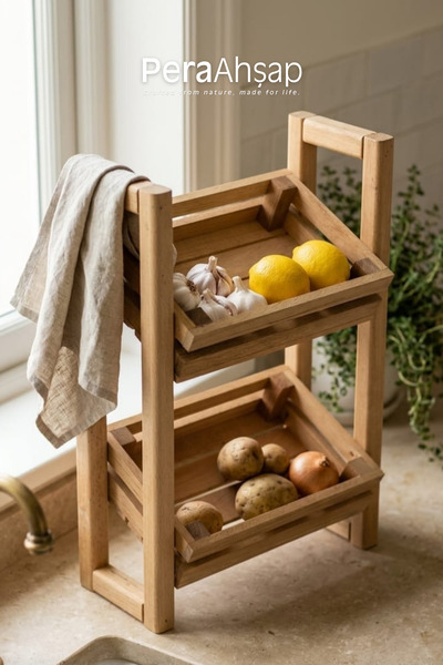 PeraWooden Pera Wooden Market 2 Katlı Ahşap Sebzelik Meyvelik Mutfak Organizer