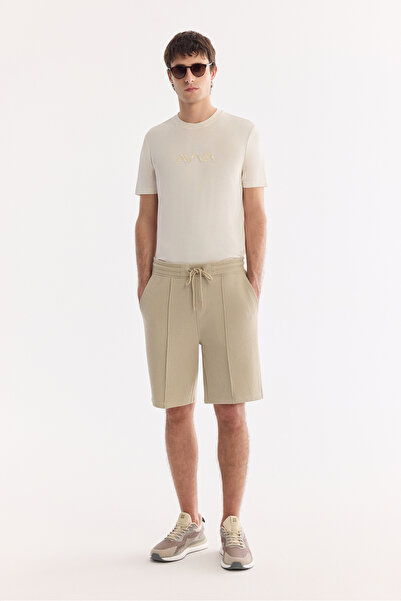 Avva Men's Beige Elastic Waist Interlock Regular Fit Shorts with Side Pockets...