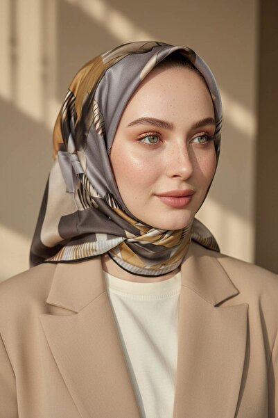 Vissona %100 Twill İpek Geometrik Desenli Gri - Bej Kabuğu Renkli 90x90 Eşarp...