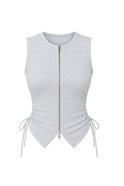DI LORIA Crop top pentru femei, gri melange, cu fermoar frontal, cu șnur late...