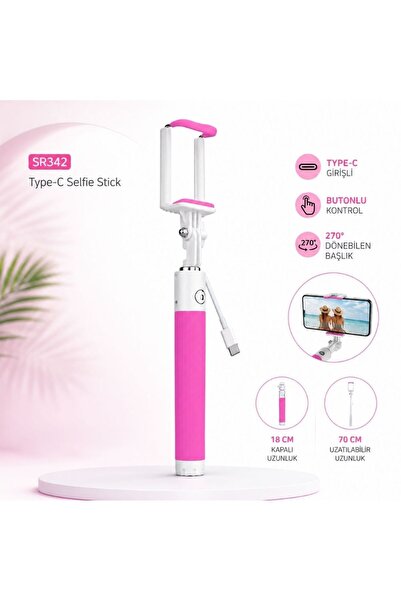 Winex Mobile Winex SR342 Katlanabilir Type-C Selfie Girişli Stick Çubuğu Pembe