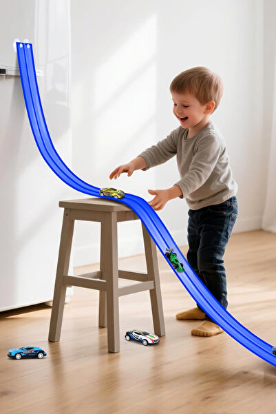 Bundeba Oyun Esnek Yarış Pisti Kıvrılabilen Aksiyon Pisti Go Track 4.5 Mt Flex Track Oyuncak Mavi Blue
