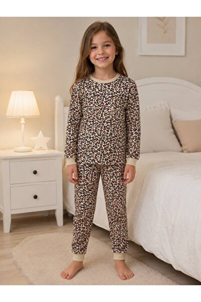 Fil Kids Girl's 100% Cotton Leopard Heart Print Brown Long Sleeve Pajamas Set