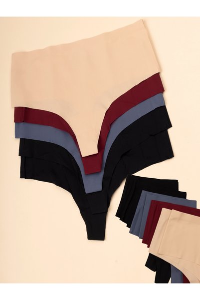 DUNIPA Set de 5 perechi de chiloți tanga de damă cu talie înaltă, fără cusături, tăiați cu laser, invizibili, din microfibră, Multicolor (2x Negru, Bej, Bordeaux, Albastru închis)
