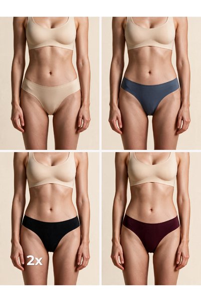 DUNIPA Set de 5 perechi de chiloți tanga de damă, fără cusături, tăiați cu laser, invizibili, din microfibră, Multicolor (2x Negru, Albastru închis, Bordeaux, Bej)
