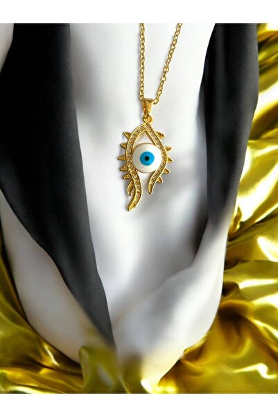 Herşey Nota Zircon Stone Blue Eye Figured Women's Necklace – Gold Color Stain...