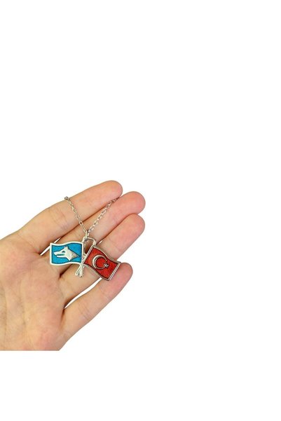 Herşey Nota Turkish Gray Wolf Double Flag Necklace