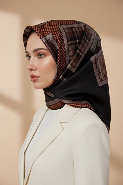Vissona 100% Twill Silk Scarf with Plaid Pattern - Tan - Black Color 90X90 Sc...