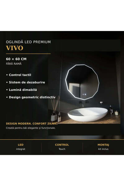 OEM Oglinda LED Rotunda, 60cm, VIVO Touch, Sistem Dezaburire, Dimabila