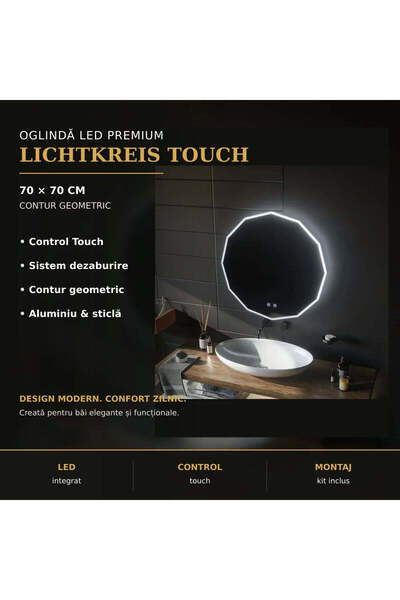 OEM Oglindă rotundă cu LED, 70 cm, VIVO Touch, dezaburire, reglabilă intensitate