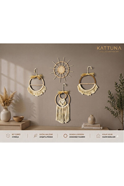 kattuna Bohem Makrome Duvar Dekorasyon Ürünü 4’lü Set