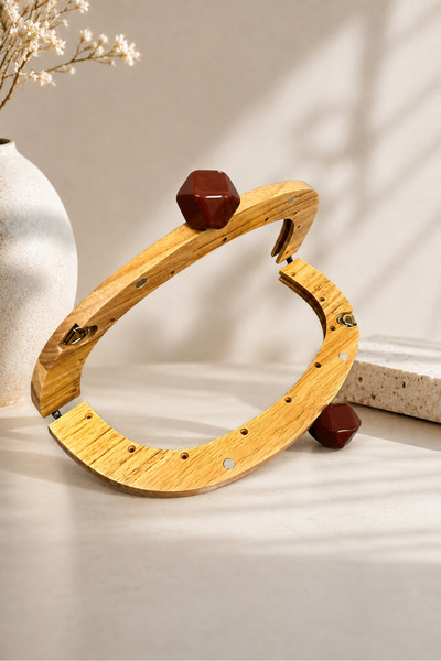 velanee 24 cm Doğal Ahşap Çanta Bursu – Kahverengi Taşlı Model