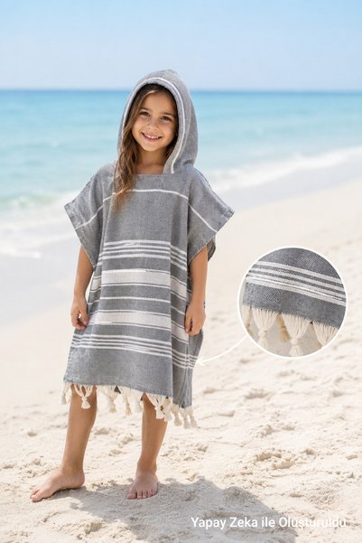 HOMENUP Cotton Children's Bathrobe Poncho Peshtemal 100% Cotton Beach Towel Gray