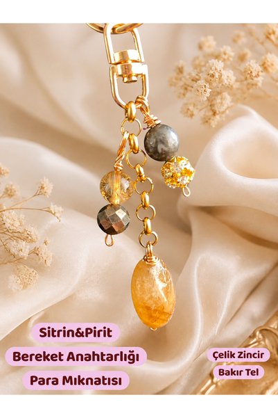 arzela Natural Stone Citrine Pyrite Keychain Steel Chain Women's Day Gift