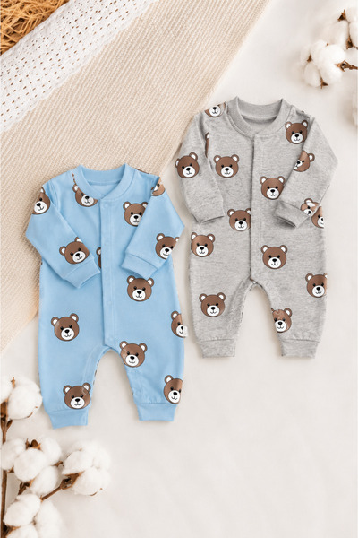 İZYALİF BABY Baby Boy Teddy Bear Patterned 2-Piece Jumpsuit Set Newborn Outfi...