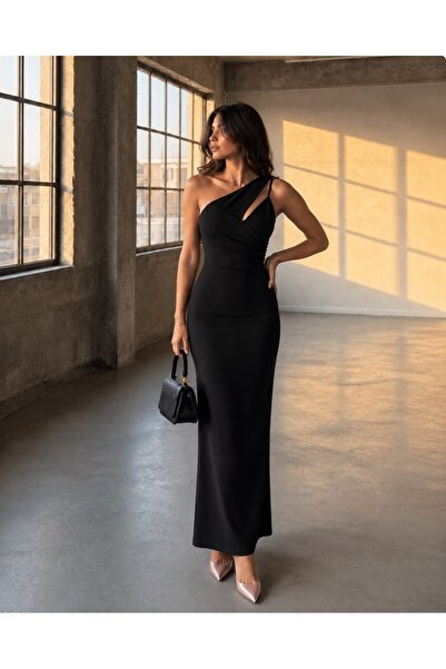 Modafeminen One-Shoulder Evening Dress with Window Detail 582536 Black