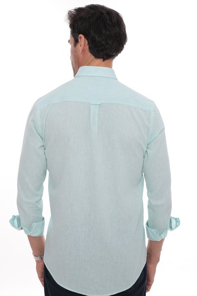Fitmens قميص رجالي بقصة ضيقة وأكمام طويلة وياقة بأزرار من الكتان المسامي مع صندوق هدايا FS-004548 - نعناعي