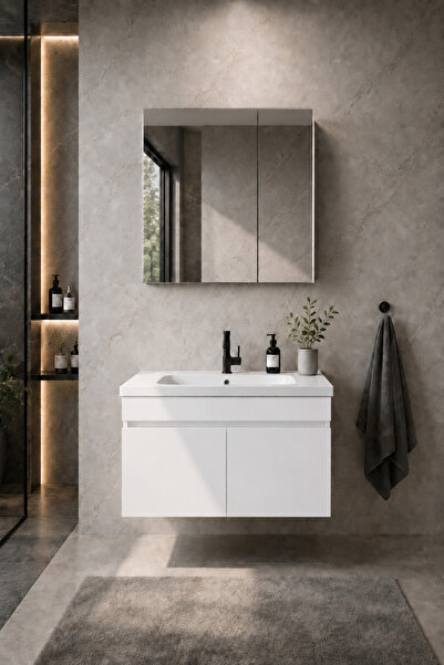 LODE Bath KALE Serisi Banyo Dolabı Seti Parlak Beyaz | Banyo Alt Dolap - Ayna...