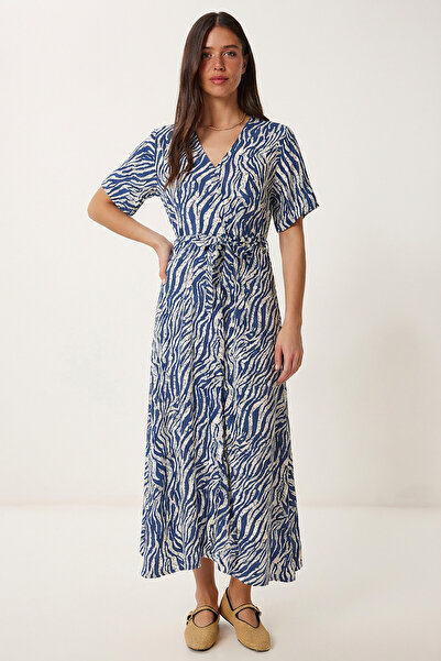 Lovelyİstanbul Patterned Belted Viscose Shirt Dress Lrn0046 Dark Blue White