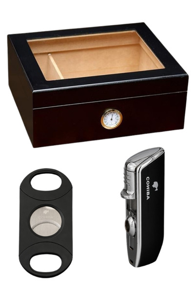 COHİBA LTNG Humidor, Siyah Çakmak, Siyah Kesici Puro Başlangıç Seti