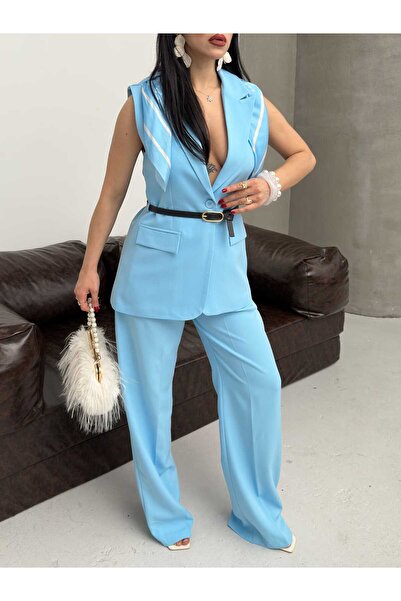 Moda İkra Κομψό σετ γιλέκο-παντελόνι με φουλάρι με σχέδιο στους ώμους και λεπ...