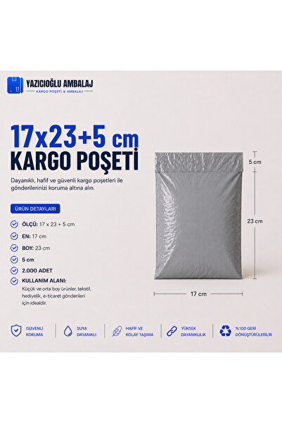 YAZICIOĞLU AMBALAJ 17x23+5 CEPSİZ KARGO POŞET- 2.000 ADET - DIŞI GRİ İÇİ SİYA...