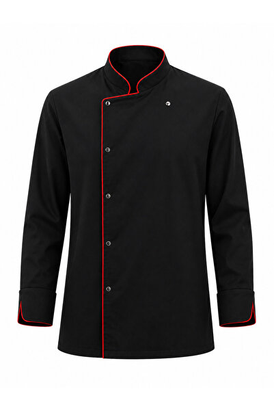 LOOKMT MODA Unisex Aşçı Ceketi Siyah Kırmızı Biyeli Çıtçıtlı Profesyonel Mutf...