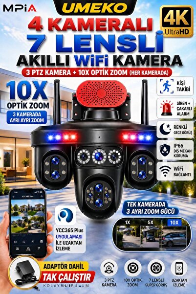 MPIA UMEKO 4 Kameralı 7 Lensli WiFi Kamera 3 PTZ 10X Optik Zoom IP66 Gece Görüş