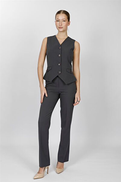 ÖNDER ÖZSOY V-Neck Decorated Buttoned Vest Suit 1530505-Füme - 1530505