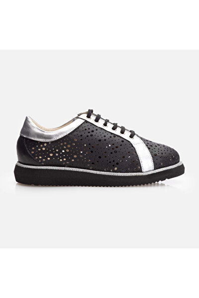 UrbanShoes Pantofi casual dama perforati din piele naturala - 1232 Negru + Ar...