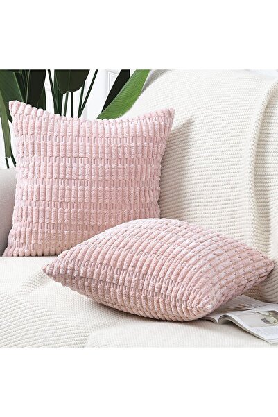 Dotail Set de fețe de pernă decorative Madizz (2 bucăți), Model în dungi, 65 x 65 cm, Poliester, Roz deschis
