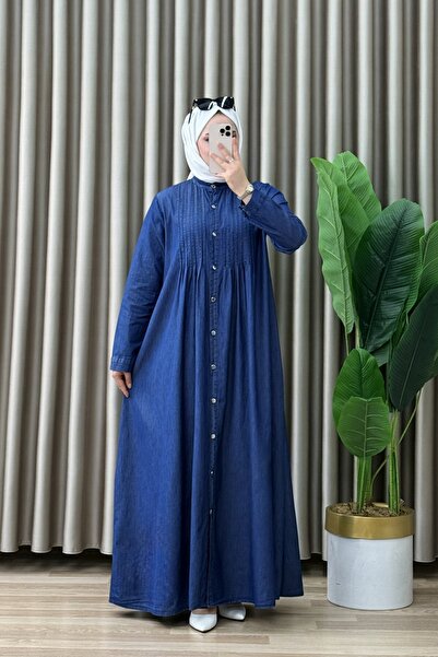 mercan moda GÜLCE KOT ELBİSE Kot Kumaş Kadın Koyu Mavi Piliseli Dikiş Detaylı...
