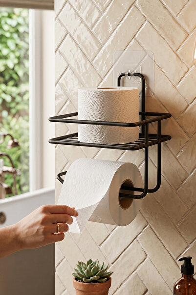 Luxury Thermoplastic Coating Black Redundant Toilet Paper Holder Bathroom Organizer Adhesive Shelf Wall Hanger