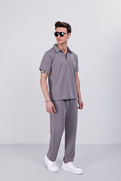 3MODA Erkek Polo Yaka Fermuarlı Rahat Kalıp T-Shirt Pantolon Alt Üst Takım