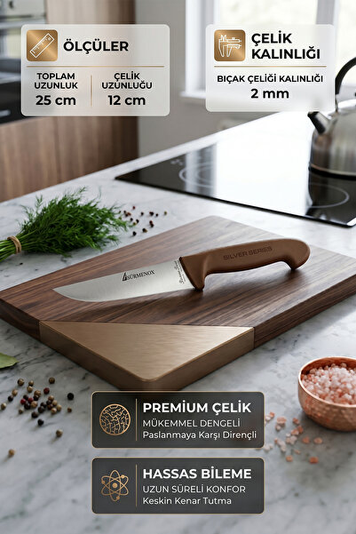 SÜRMENOX Sürmene Silver Serisi 6 lı Mutfak Bıçak Seti Kahve Sap Yüzme Sıyırma Kasap Et Ekmek Sebze Bıçağı HDx-107