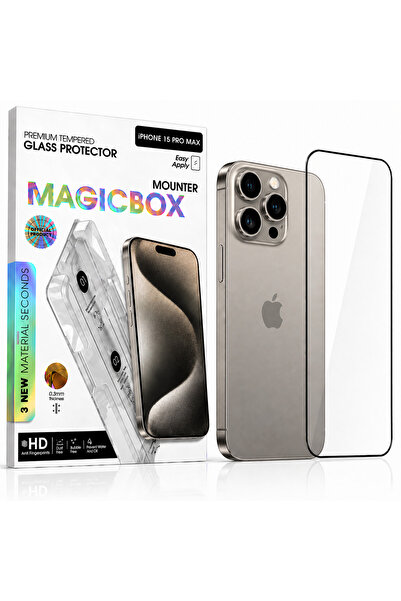 iPhone 15 Pro Max Temperli Cam Ekran Koruyucu Magic Box Kolay Kurulum 9H Çizilmez Full Kaplama
