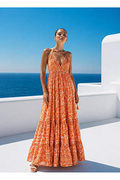 laviyonsa Μεταξωτό μακρύ φόρεμα με λεπτομέρειες κεντήματος στο στήθος και ανο...