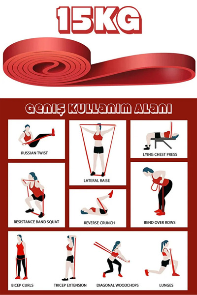 ORVİCA 15 KG Direnç Bandı Kas Geliştirme Lastiği Fitness Pilates Cross Training Bant Kırmızı - Orta Sert