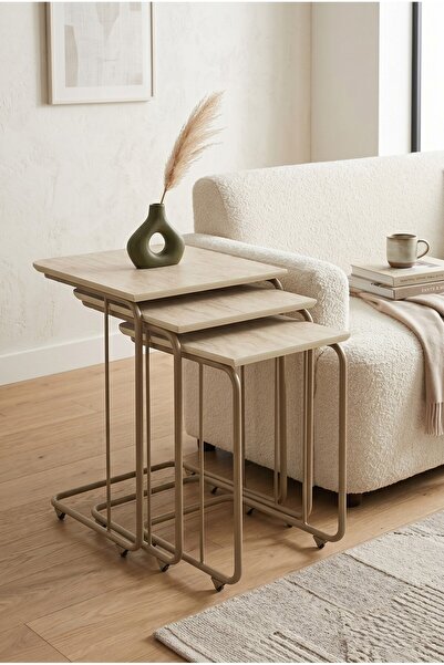 Sweet Home Masa Sandalye C Zigon Mdf Sehpa 3'lü Set, Tekerli Metal Ayak, İç İ...