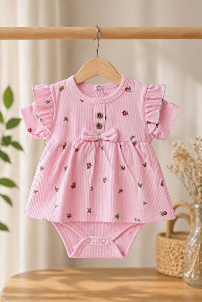dinamik çocuk Kız Bebek Yazlık Elbise Görünümlü Çıtçıtlı Body Ribana Çiçek De...