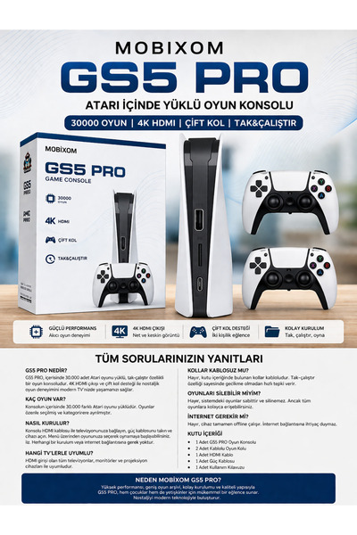 mobixom GS5 PRO – 30.000 Oyun Yüklü Atari Oyun Konsolu | Tak & Çalıştır 4K De...