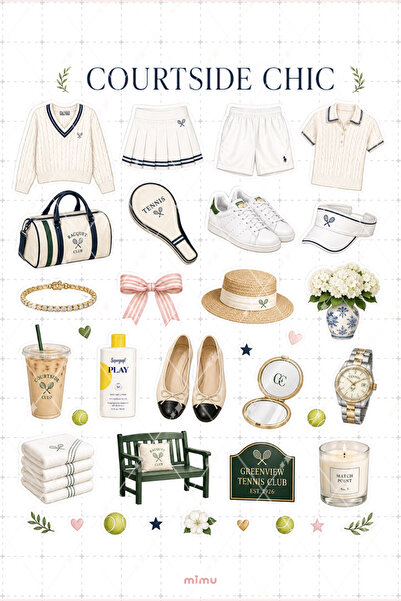 Mimu Art Studio Tennis Club Essentials Tenis Sticker Seti Beyaz Yeşil Sportif...