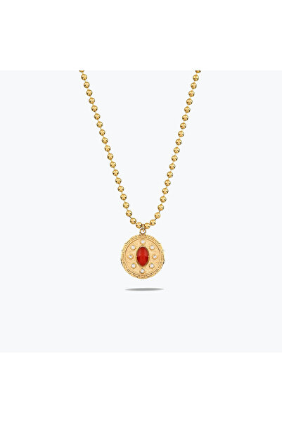 Goldium Jewellery Goldium Grek Desen Detaylı Oval Kırmızı Taşlı Madalyon Kolye
