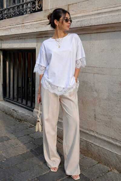 Butik Romantic Lace-Trimmed Wide-Fit Crew Neck T-Shirt