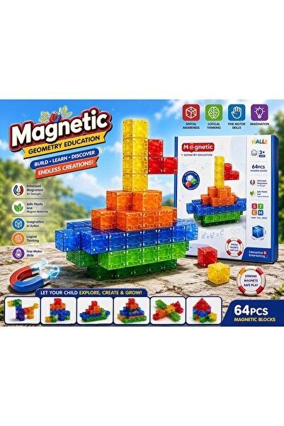 scntoys Manyetik Yapı Blokları– Çocuklar İçin Renkli 64 Parça Manyetik Blok M...