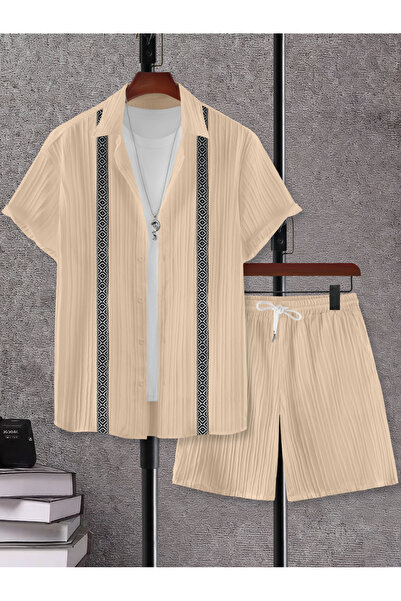 Take Two By Styli Men Beige Jacquard Detail Short Sleeve Button Front Shirt a...