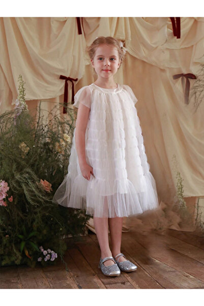 Take Two By Styli Girls Solid Mesh Frill Sleeve Dress