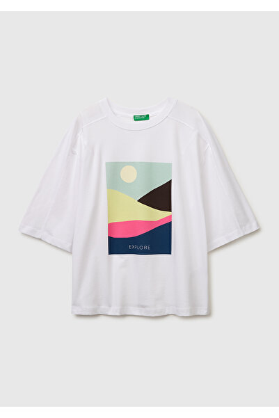 United Colors of Benetton Γυναικείο μπλουζάκι White Mix 100% βαμβακερό με στά...