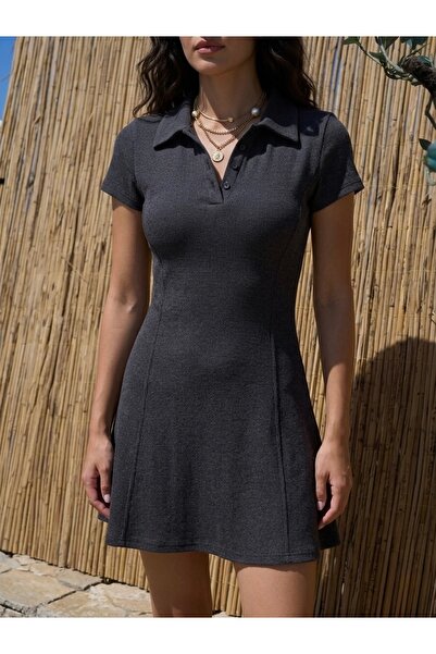 ModaYaren Women's Slim Fit Polo Collar Buttoned Mini Dress